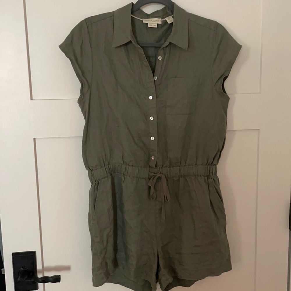 100% linen army green romper
